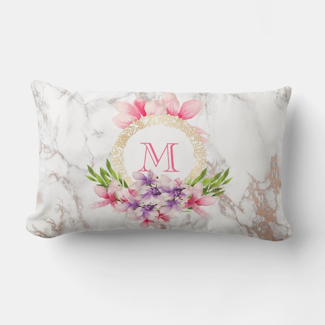 Pink and Purple Watercolor Flowers Monogram Lumbar Cushion (Front)
