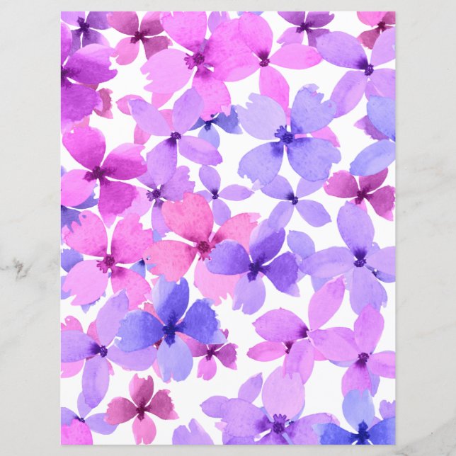 Pink and Purple Watercolor Flowers Scrapbook Paper (Front)