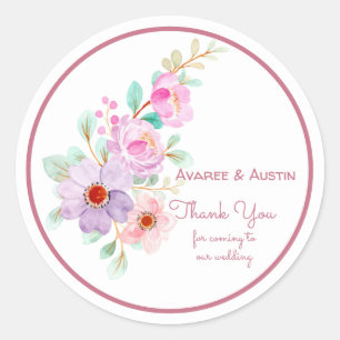 Pink and Purple Watercolor Flowers Thank You Classic Round Sticker