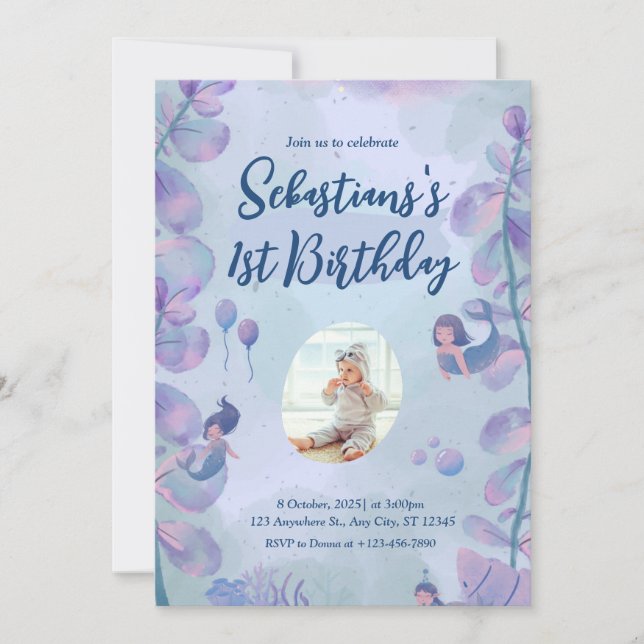 Pink and Purple Watercolor Mermaid 1st Birthday  Invitation (Front)