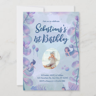 Pink and Purple Watercolor Mermaid 1st Birthday  Invitation