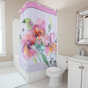 Pink and purple watercolor petunias shower curtain