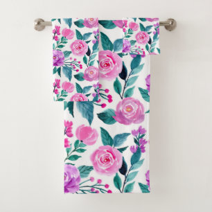 Pink and purple watercolor rose bath towel set