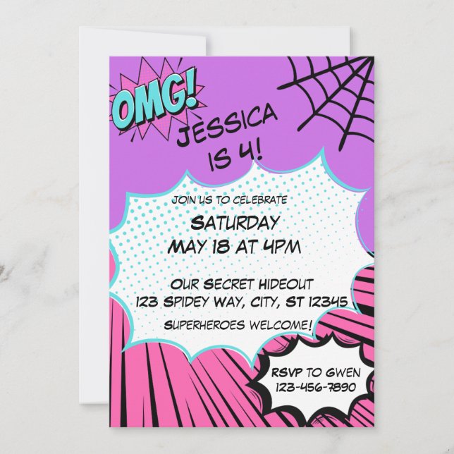 Pink and Purple Web Comic Birthday  Invitation (Front)