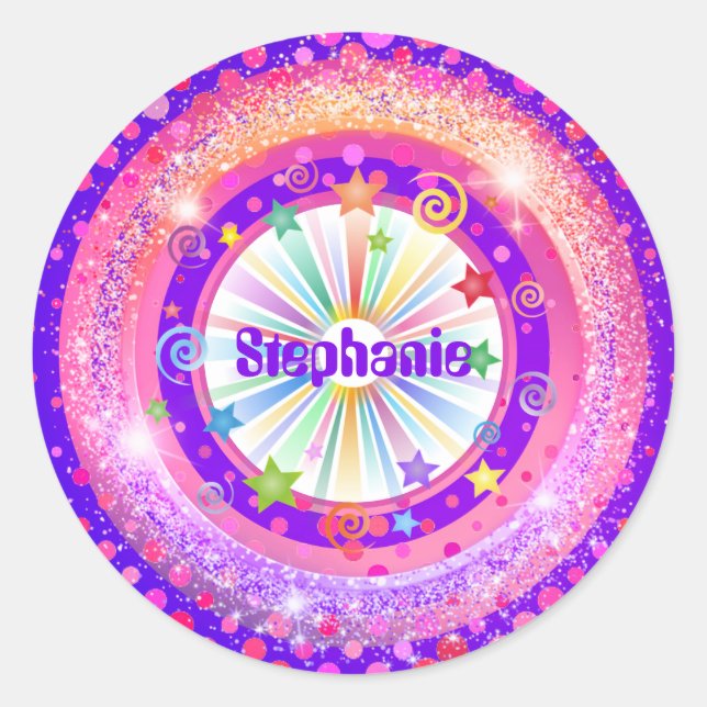 Pink and Purple Your Name Classic Round Sticker (Front)