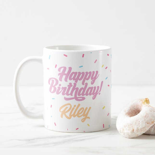 Pink and Rainbow Sprinkles Customisable Birthday Coffee Mug (With Donut)