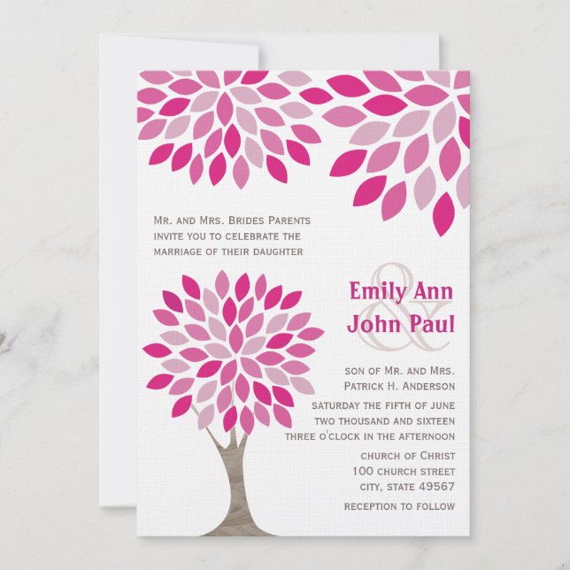 Pink and Raspberry Modern Tree Tops Flower Wedding Invitation (Front)