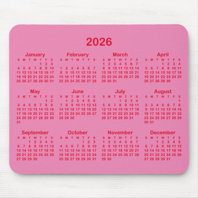Pink and Red 2026 Calendar Mouse Mat (Front)