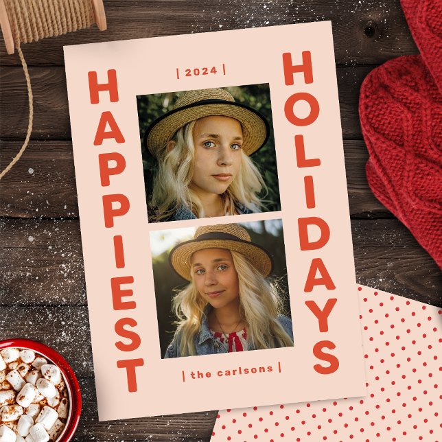 Pink and Red 2 Photo Holiday Photo Christmas Card  (Creator Uploaded)