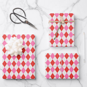 Pink and Red Argyle Christmas Wrapping Paper Sheet