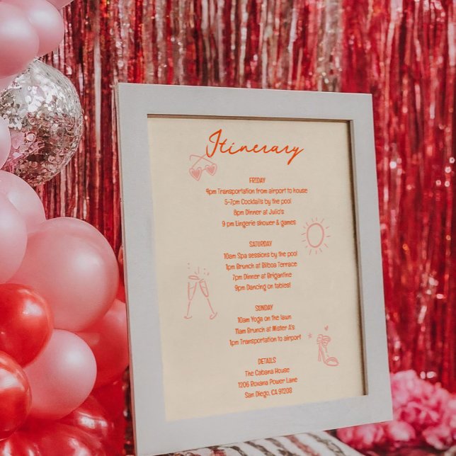 Pink and Red Bachelorette Weekend Itinerary Sign (Pink and red bachelorette party itinerary sign featuring hand-drawn sketch illustrations.)