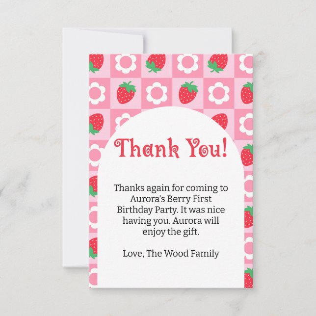 Pink and Red Berry First Birthday Party Thank You Card (Front)
