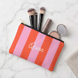 Pink and Red Bold Stripes Monogrammed Accessory Pouch