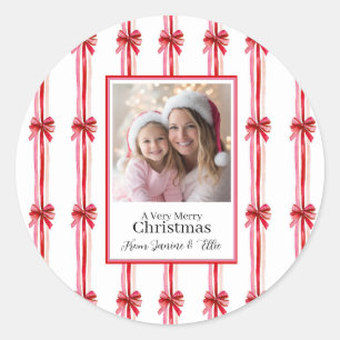 Pink and Red Bows Photo Christmas Classic Round Sticker