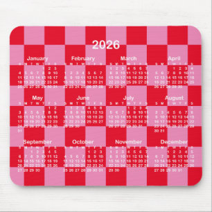 Pink and Red Checkerboard 2026 Calendar Mouse Mat