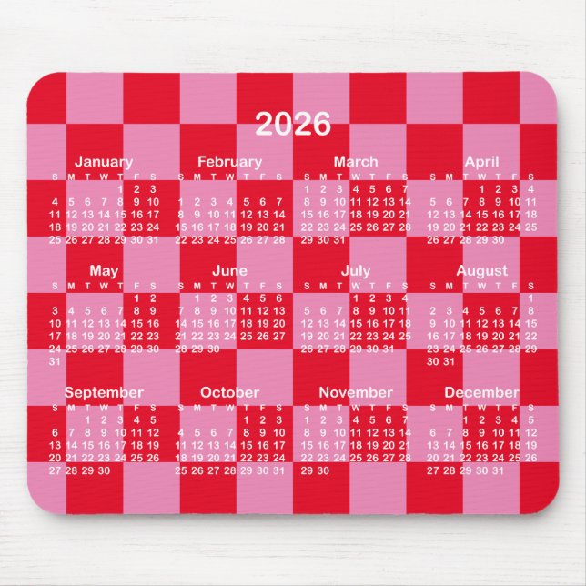Pink and Red Checkerboard 2026 Calendar Mouse Mat (Front)