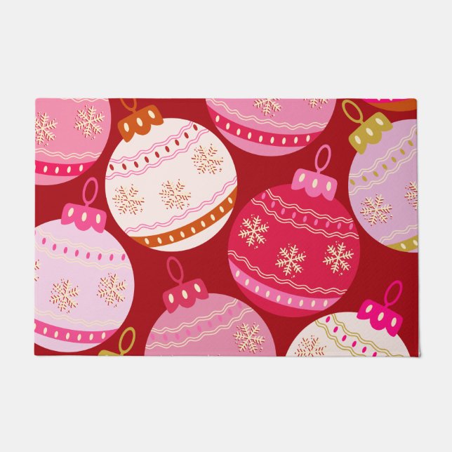 Pink And Red Christmas Baubles Doormat (Front)