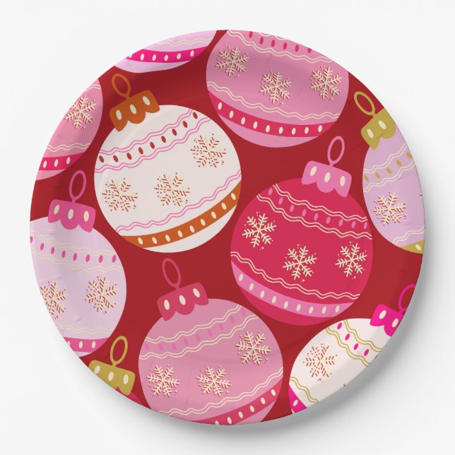Pink And Red Christmas Baubles Paper Plate (Front)