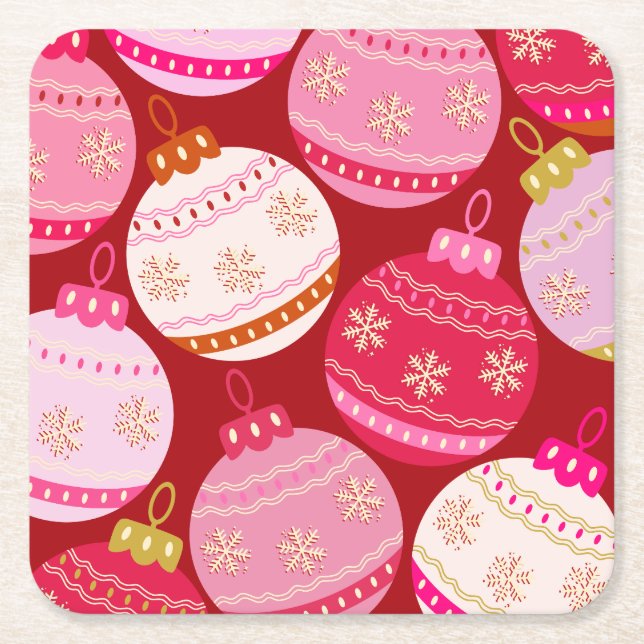 Pink And Red Christmas Baubles Square Paper Coaster (Front)