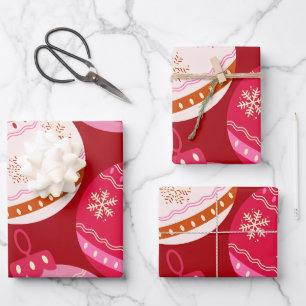 Pink And Red Christmas Baubles Wrapping Paper Sheet