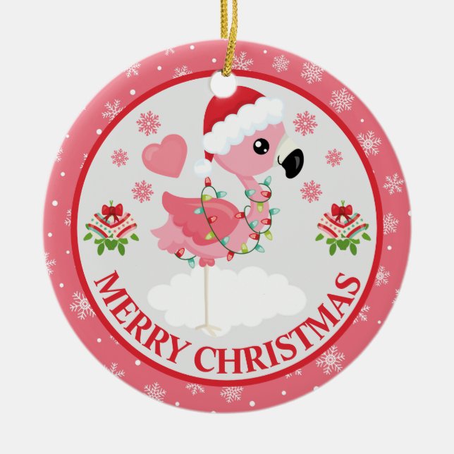 Pink and Red Christmas Flamingo Winter Ceramic Tree Decoration (Front)