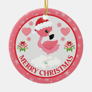 Pink and Red Christmas Flamingo Winter Ceramic Tree Decoration