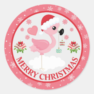 Pink and Red Christmas Flamingo Winter Classic Round Sticker