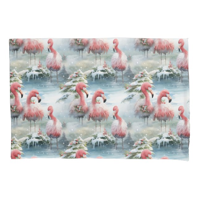 Pink and Red Christmas Flamingo Winter design with Pillowcase (Front-Left)