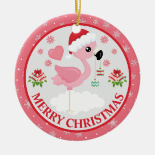 Pink and Red Christmas Flamingo Winter Mittens Ceramic Tree Decoration
