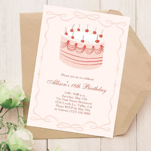 Pink and Red Coquette Retro Cherry Cake Birthday Invitation