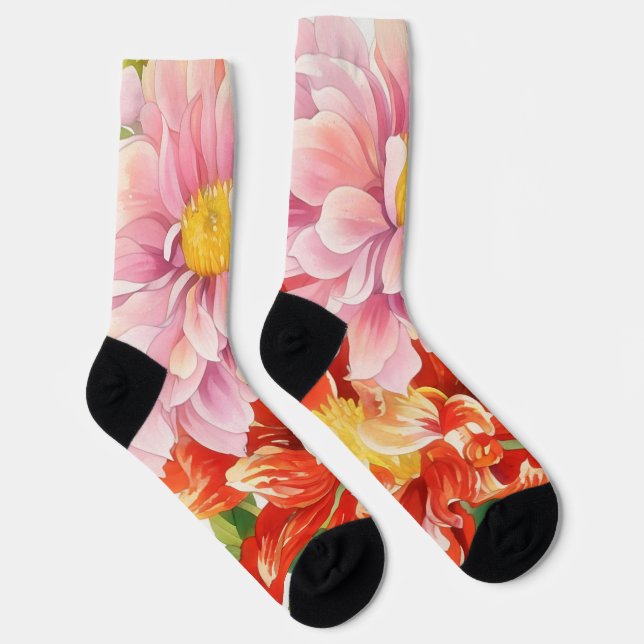 Pink and Red Dahlia Flowers Floral Art Socks (Right)
