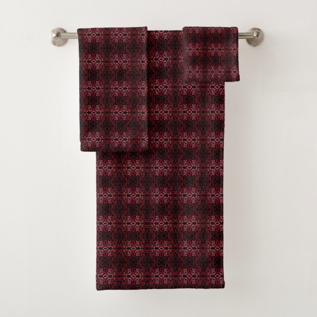 Pink And Red Dots And Squiggles Pattern On Black  Bath Towel Set (Insitu)