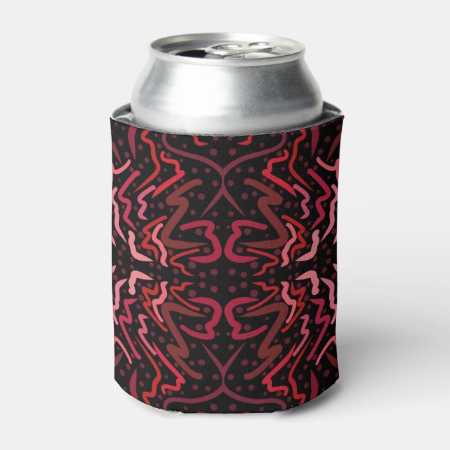 Pink And Red Dots And Squiggles Pattern On Black Can Cooler (Can Front)