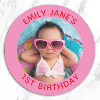 Pink and Red Family Photo 1st Birthday Favour Classic Round Sticker