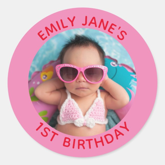 Pink and Red Family Photo 1st Birthday Favour Classic Round Sticker (Front)