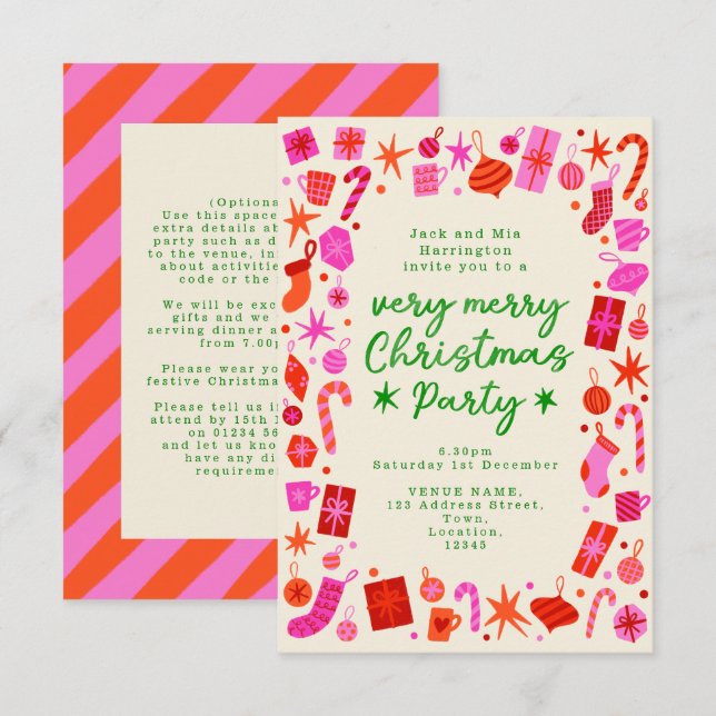 Pink and Red Festive Christmas Party invite (Front/Back)