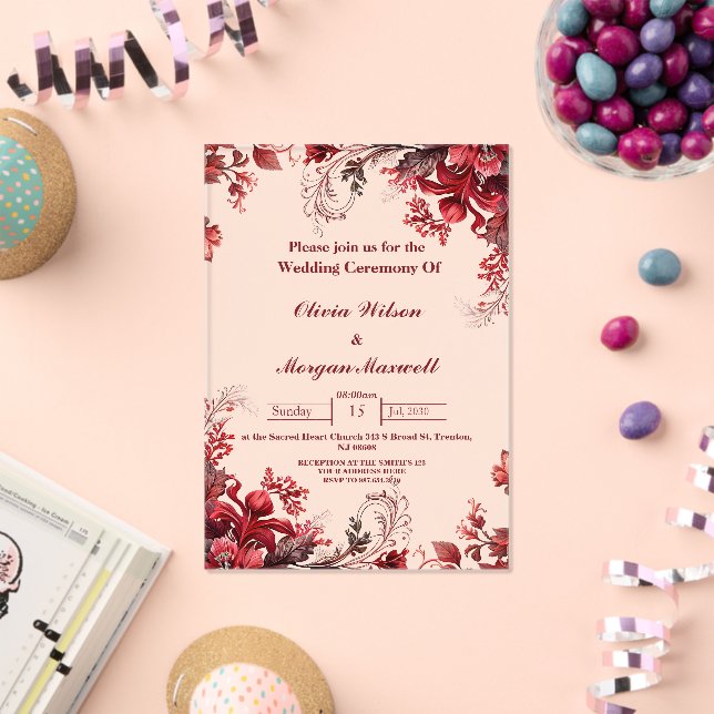 Pink and Red floral acrylic wedding invitations (Insitu (Celebration))
