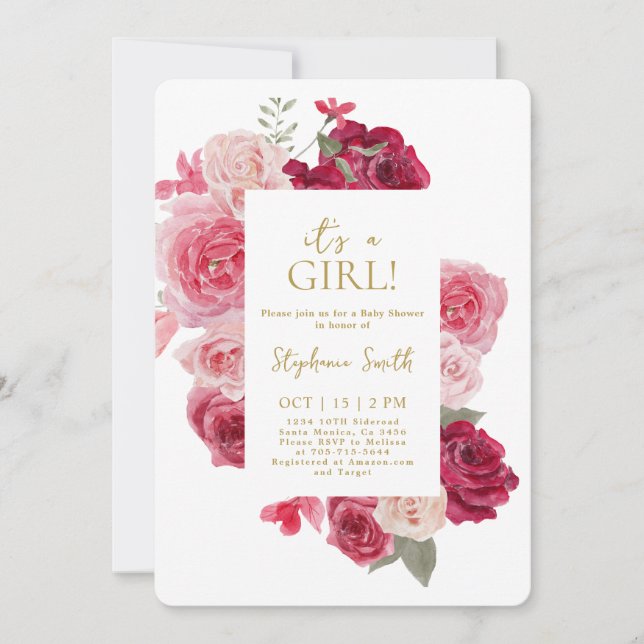 Pink and Red Floral Baby Shower Girl Invitation (Front)