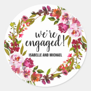 Pink and Red Floral Engagement Announcement Classic Round Sticker