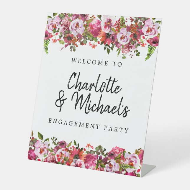 Pink and Red Floral Engagement Party Welcome Pedestal Sign (Front)