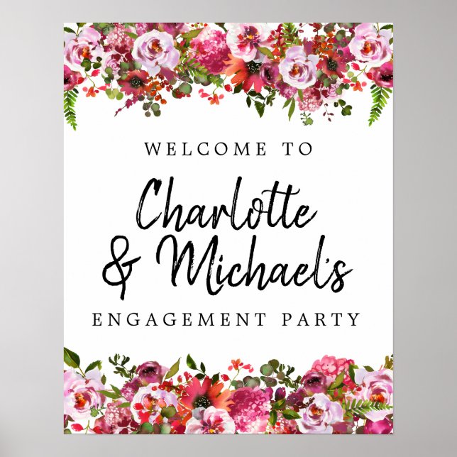Pink and Red Floral Engagement Party Welcome Sign (Front)