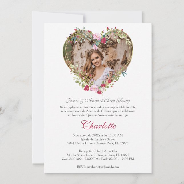 Pink and Red Floral Heart with Quinceañera Photo (Front)