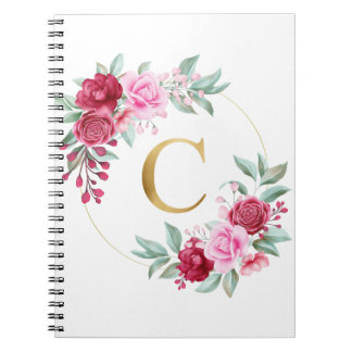 Pink and Red Floral Monogram Initial Letter C Notebook