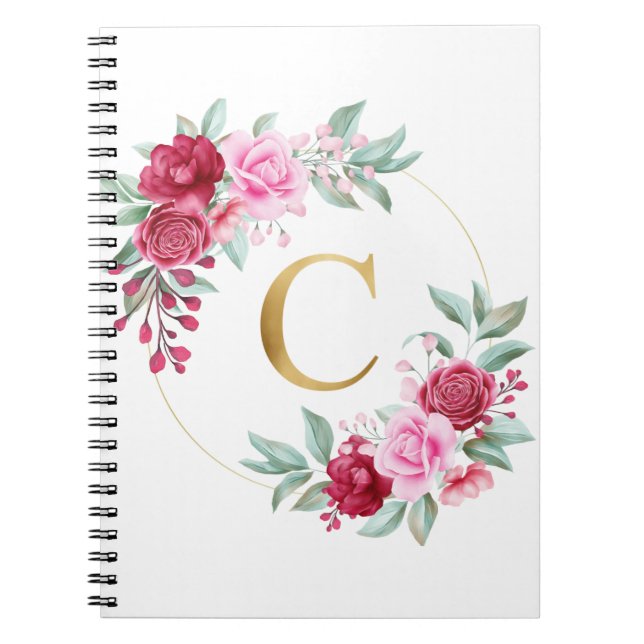 Pink and Red Floral Monogram Initial Letter C Notebook (Front)