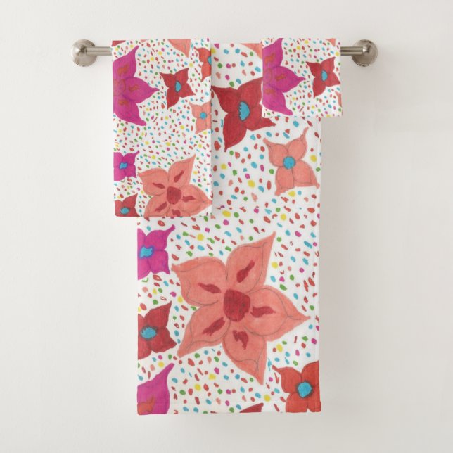 Pink and Red Floral Print Bath Towel Set (Insitu)