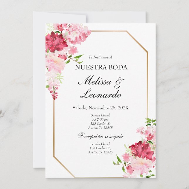 Pink and red floral wedding spanish invitation (Front)