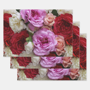 Pink and red floral wrapping paper, 3 sheets