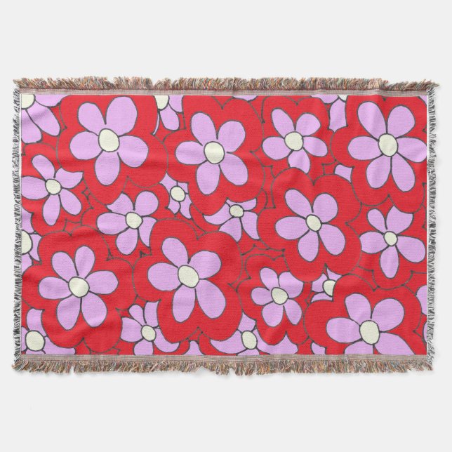 Pink and Red Flower Design Drawing Throw Blanket (Front)