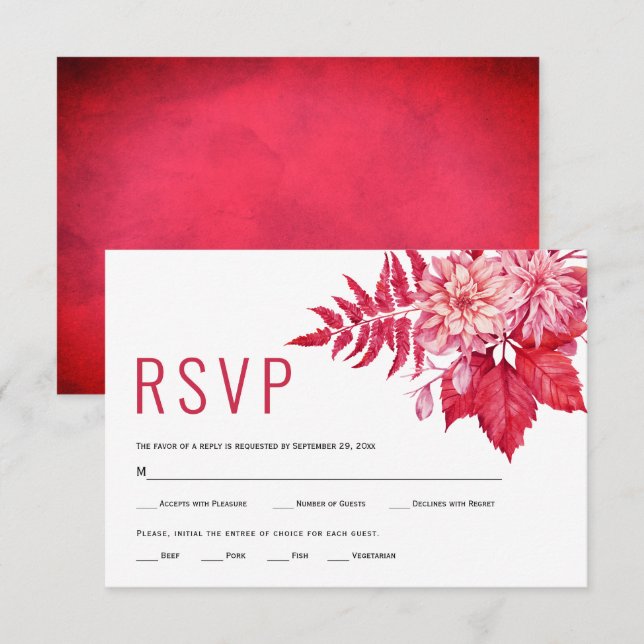 Pink and red flowers floral summer wedding RSVP card (Front/Back)