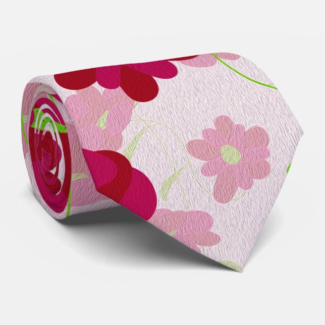 Pink and Red Flowers - Floral Tie (Rolled)